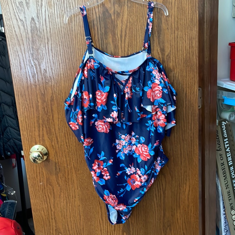 Women’s plus off the shoulder swimsuit navy with flowers. 20W